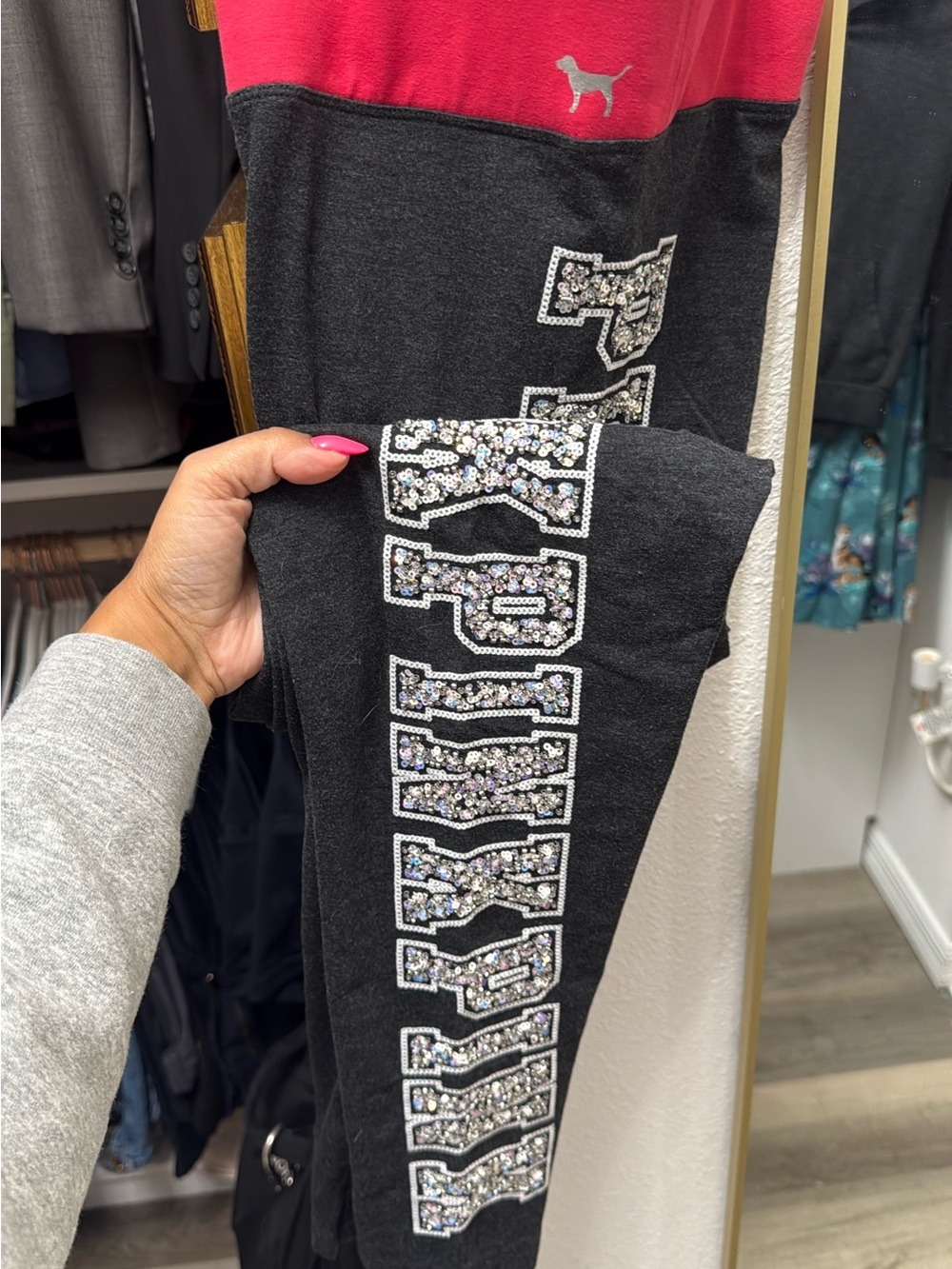 PINK Victoria's Secret Black Leggings with Pink Waistband and Sequin Logo